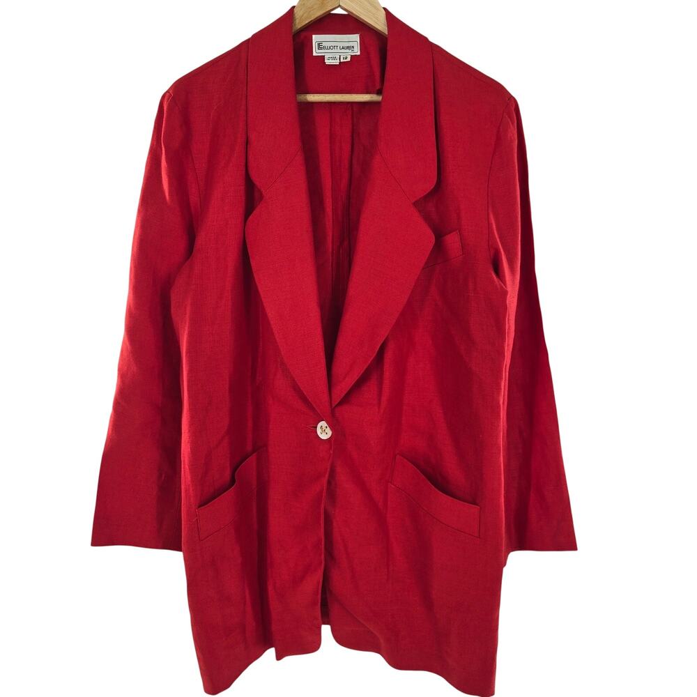 Elliott Lauren Womens Vtg 80s 90s USA Classic Timeless Red 100% Linen Blazer 12